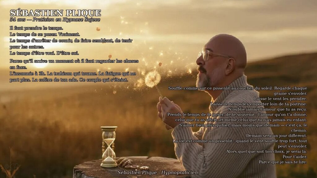 Hypnose Missillac - Sébastien Plique - Il faut prendre le temps.
Le temps de se poser. Vraiment.
Le temps d'arrêter de courir, de faire semblant, de tenir pour les autres.
Le temps d'être vrai. D'être soi. S'aimer bien plus qu'hier, mais moins que
demain — c'est ça, le chemin. Demain sera un jour différent. La vie est comme un pissenlit : quand le vent souffle
trop fort, tout peut s'envoler. Alors quel que soit ton choix, je serai là. Pour t'aider. Parce que je sais te lire.